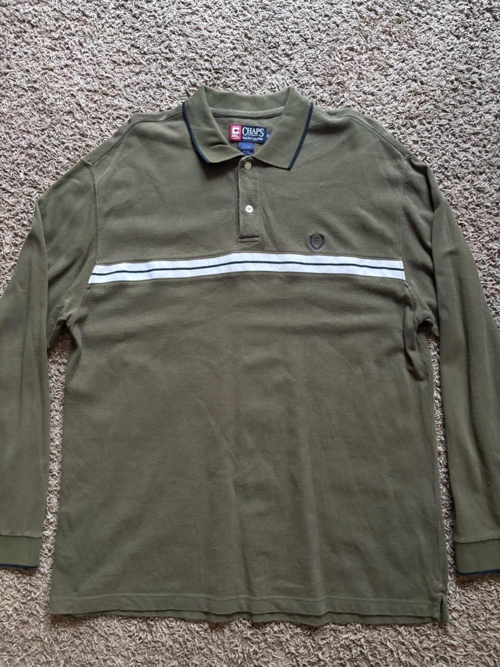 Chaps Ralph Lauren Men's Olive Long-Sleeve Polo with White Stripe